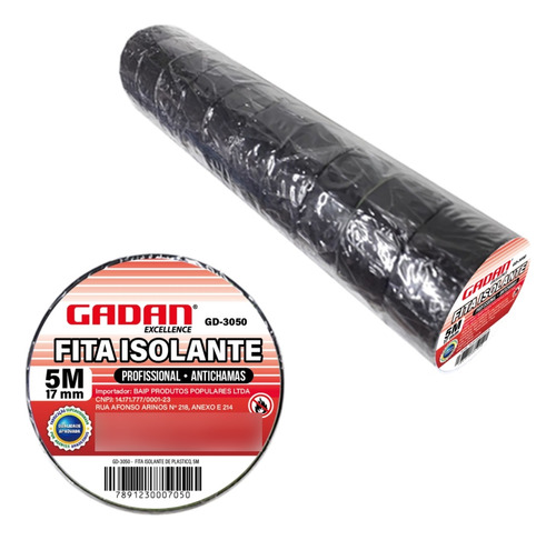 Fita Isolante Anti Chamas Preta 17mm X 5m 10 Unidades Gadan Cor Preto Liso