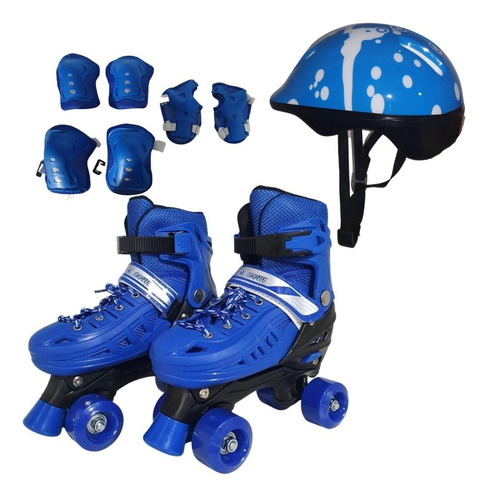 Patins Quad Azul Regulável 28 - 32 E 33 - 36 + Kit Proteção