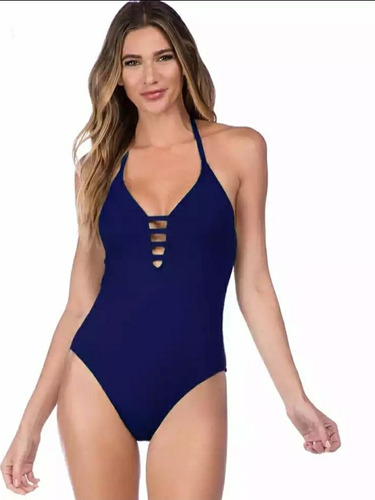 Traje De Baño  Escote Tiras Negro Y Azul Navy