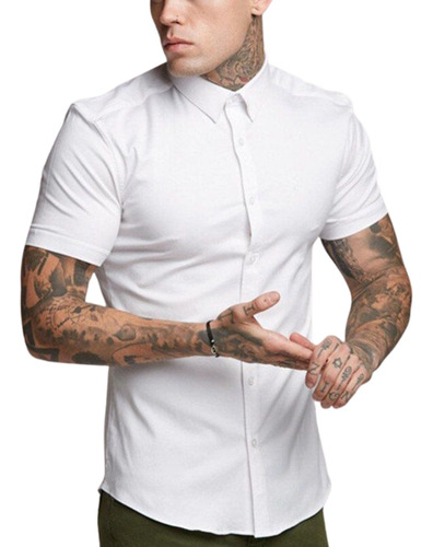 Camisa Social Masculina Elastano Slim Fit Manga Curta