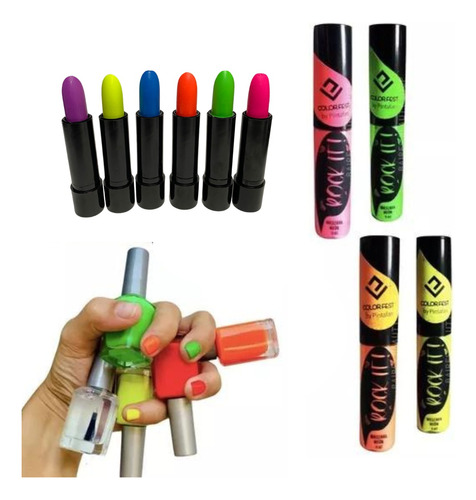 Combo Maquillaje Fluo Pestañas, Esmalte Y Labial Fluor Neon