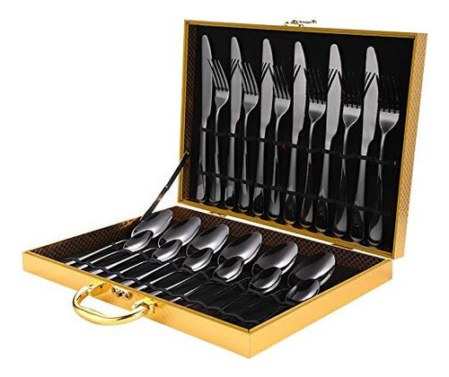 Set 24 Piezas Cuchillería Cubiertos De Lujo Maleta Color Negro 21097