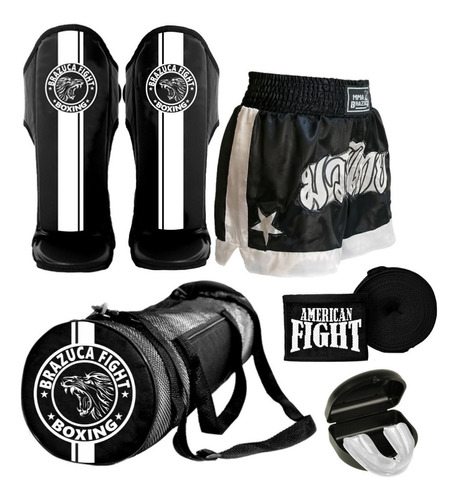 Kit Muay Thai Caneleira Bolsa Shorts Bandagem Bucal Feminino