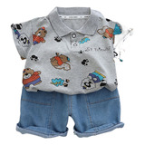 Conjunto De Camisa De Algodão Puro E Shorts Jeans Cute Boy