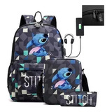 Mochila Escolar Stitch Primaria +usb Casual Conjunto 3 Pcs