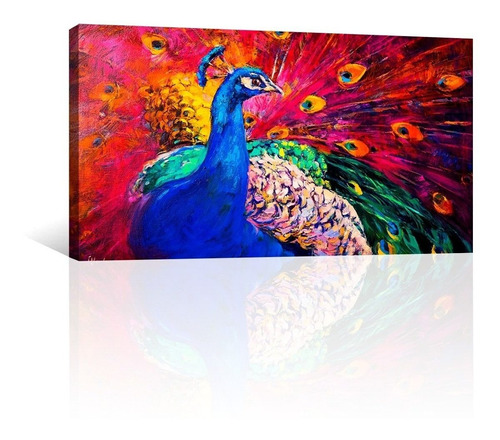 Cuadro Decorativo Pintura Impresa Canvas Pavo Real En Rojizo