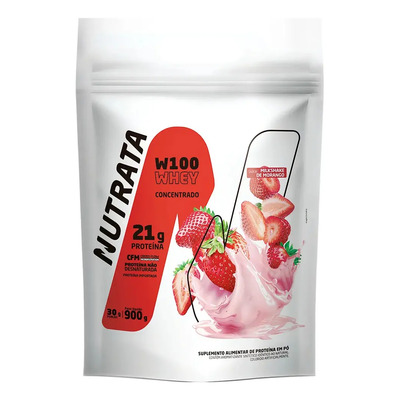W100 Whey Concentrado Pouch 900g Morango Nutrata | Frete grátis