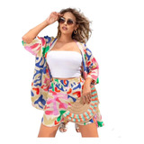 Conjunto 2 Peças Tendência Kimono+short Feminino Estampado 