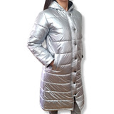 Campera Maxi Puffer Plateada, Con Capucha, Lkt