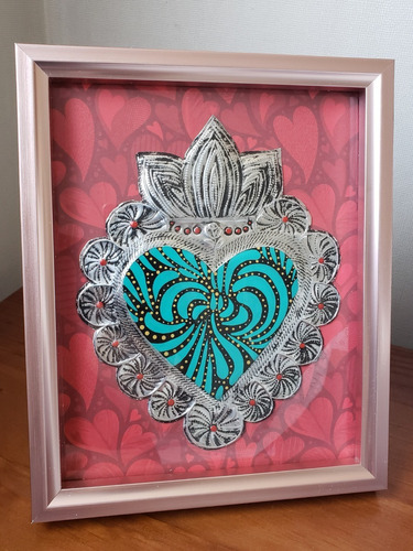 Corazón Mexicano Hecho Y Pintado A Mano, Con Marco Rose Gold