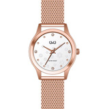 Reloj Q&q De Dama Modelo Qz51j031y Color De La Correa Oro Rosa Color Del Bisel Oro Rosado Color Del Fondo Beige