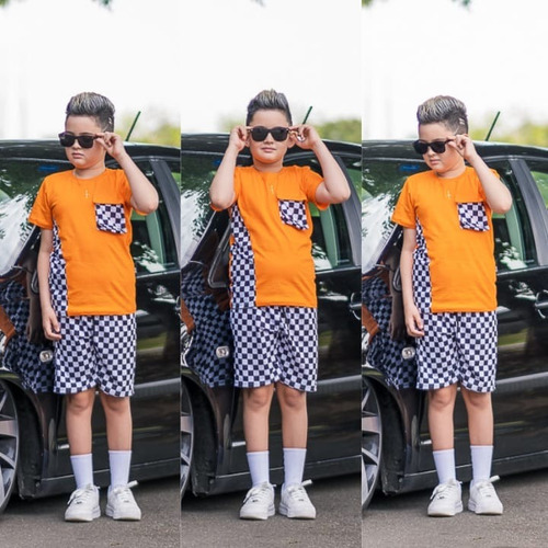 Kit Roupa Infantil Menino Camiseta E Shorts Xadrez Blogueiro