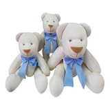 Trio Urso Articulado De Pelúcia Creme Com Laço Azul Nicho Quarto Bebê