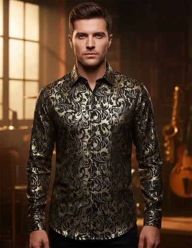 Camisa Negra Estampado Flores Doradas Brillosa Hombre Antro