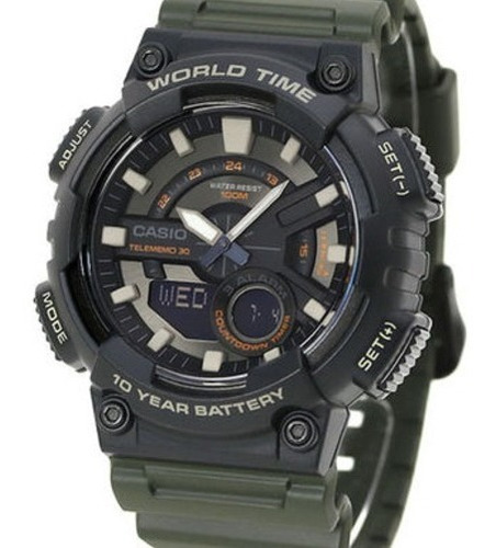 Relógio Casio Masculino Verde Standard Aeq-110w-3avdf Cor Da Correia Verde-escuro