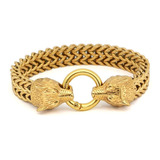 Pulsera Brazalete Vikingo Nordic Lobo Acero Color Oro Hombre