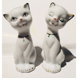 Figura Gatos Blanco De Ceramica Con Dorado Set Juego