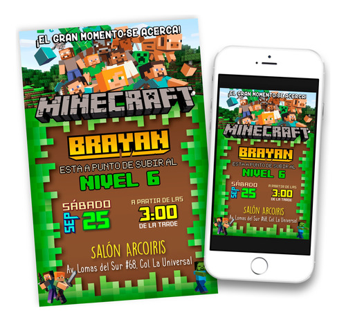 Invitación Digital Minecraft Imprimible Whatsapp