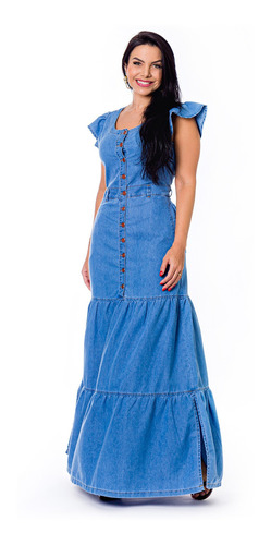 Vestido Longo Jeans Com Manga Moda Evangelica   S3894