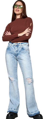Jeans Oxford Rígido Stone Con Roturas Mujer Tajo Tiro Alto