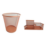 Kit Organizador Escritório, Porta Caneta E Lixeira Rose Gold