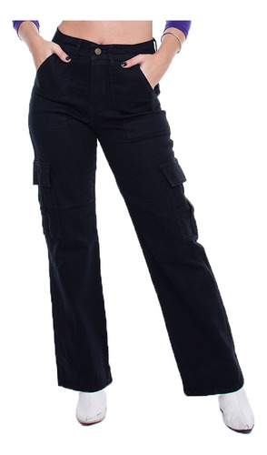 Pantalon Cargo Wide Leg Mujer Jean Negro Hilo Blanco Elastiz