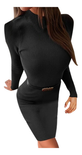 Vestido T Para Mujer, Color Sólido, Manga Larga, Medio Alto