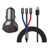 Cargador De Auto 2 Usb 4.8amp 24w + Cable 3 En 1 Baseus Color Negro