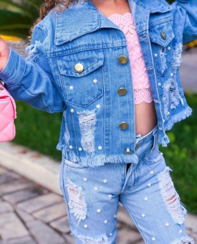 Jaqueta Jeans Com Pérolas Infantil Menina 