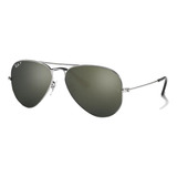 Anteojos De Sol Ray-ban Aviator Classic Small Con Marco De Metal Color Polished Grey, Lente Green De Cristal Clásica, Varilla Polished Grey De Metal Con Cadena Negro - Rb3025