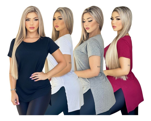 Kit 4 Camiseta Blusinha Feminina Academia Long Tapa Bumbum