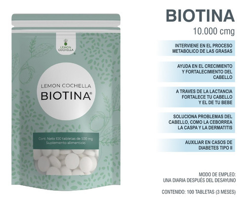 50 Sobre Biotina Lemon Cochella 500mg Concentrac 10,000 Mcg Sabor Sin Sabor