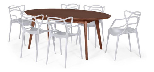 Mesa De Jantar Oval Vértice Nozes 190cm + 6 Cadeiras Allegra