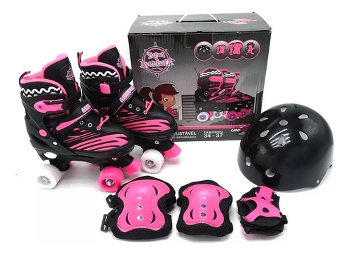Patins Roller Infantil + Kit De Proteção Menina Preto E Rosa