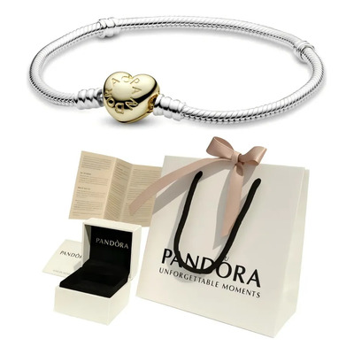 Brazalete Pandora Broche De Corazón Cubierto En Oro De 14k Color Plateado Largo 18 Cm