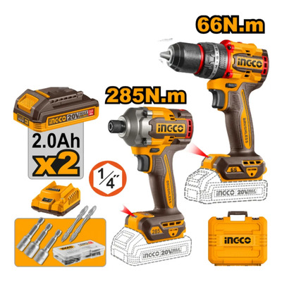 Kit Atornillador de Impacto Inalambrico Ingco 1\u002F4 Brushless + Taladro Rotomartillo Inalámbrico Ingco 1\u002F2 Brushless 2 Baterías Maletin UCKLI20277 | Envío gratis