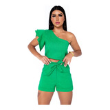 Conjunto Feminino Blusa Cropped E Short Linho Alfaiataria 