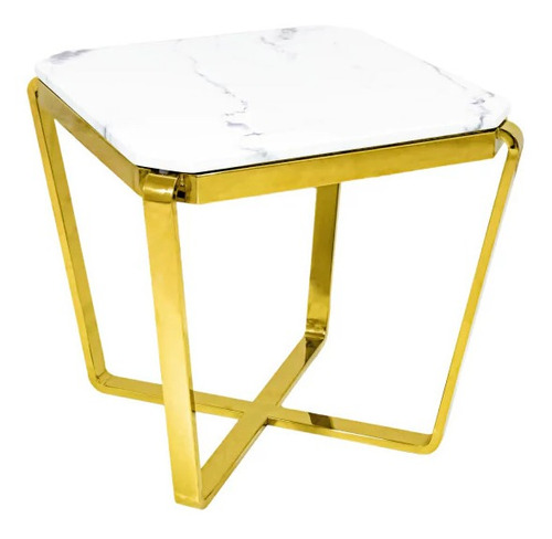 Mesa Lateral Metal Dourado Marmore Base Em X Luxo