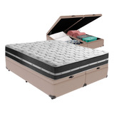 Cama Box Queen Preto Com Base Baú Bege Classic Anjos