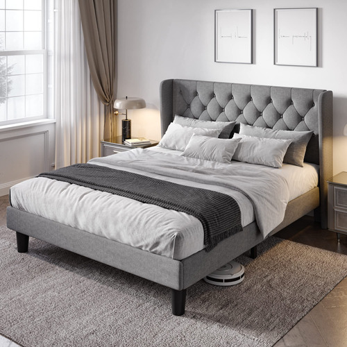 Base De Cama Queen Con Cabecera Copetuda Tapizada, No Somier