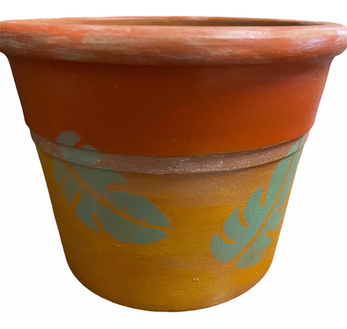 Maceta Terracota Pintada Hoja Verde