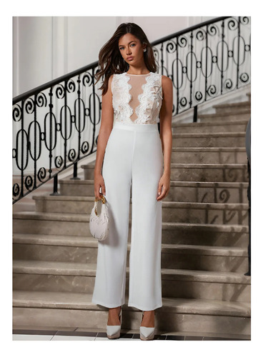 Jumpsuit Palazzo Blanco Elegante Formal Fiesta Boda Encaje