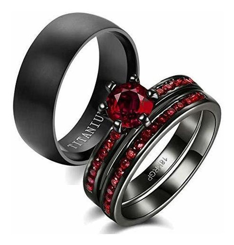 Juego Anillos Boda Pareja Black Gold Cz Titanium