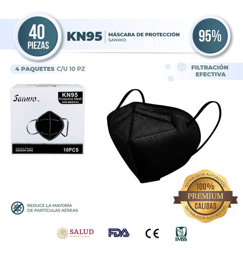 Cubrebocas Kn95 Negro Mascarilla Sanwo Certificado 40 Pzas