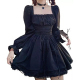 T Vestido Negro De Manga Larga Lolita Goth Aesthetic Puff Ed