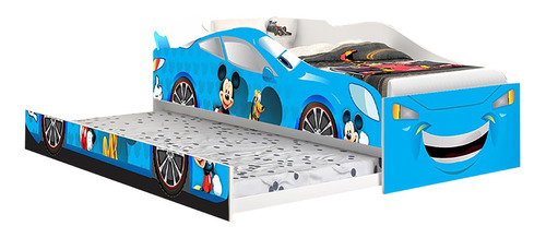 Cama Solteiro Com Auxiliar Mickey Azul  Com 1 Colchão