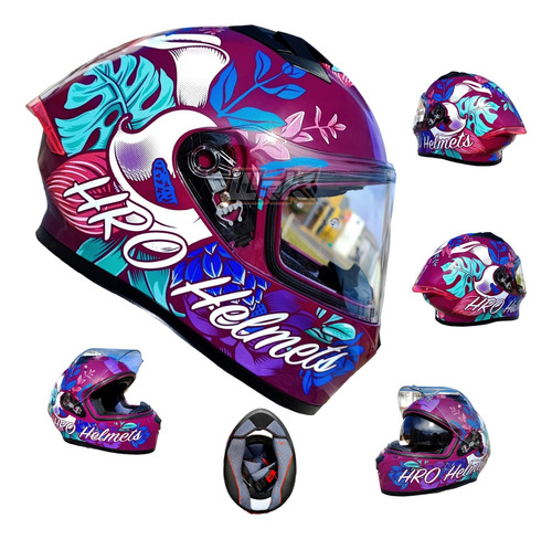 Casco Para Moto Morado Dama Hro Flores Certificado Dot Mujer