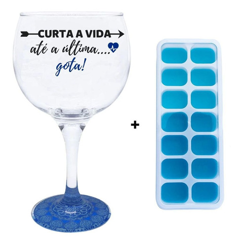 Taça Gin Com Base Decorada + Forma De Gelo Silicone Azul