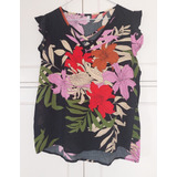 Blusa Negra Estampada Floral Talle M Fibrana Algodon Mujer