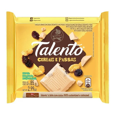Chocolate Talento Branco com Cereais e Passas 85g | MercadoLivre